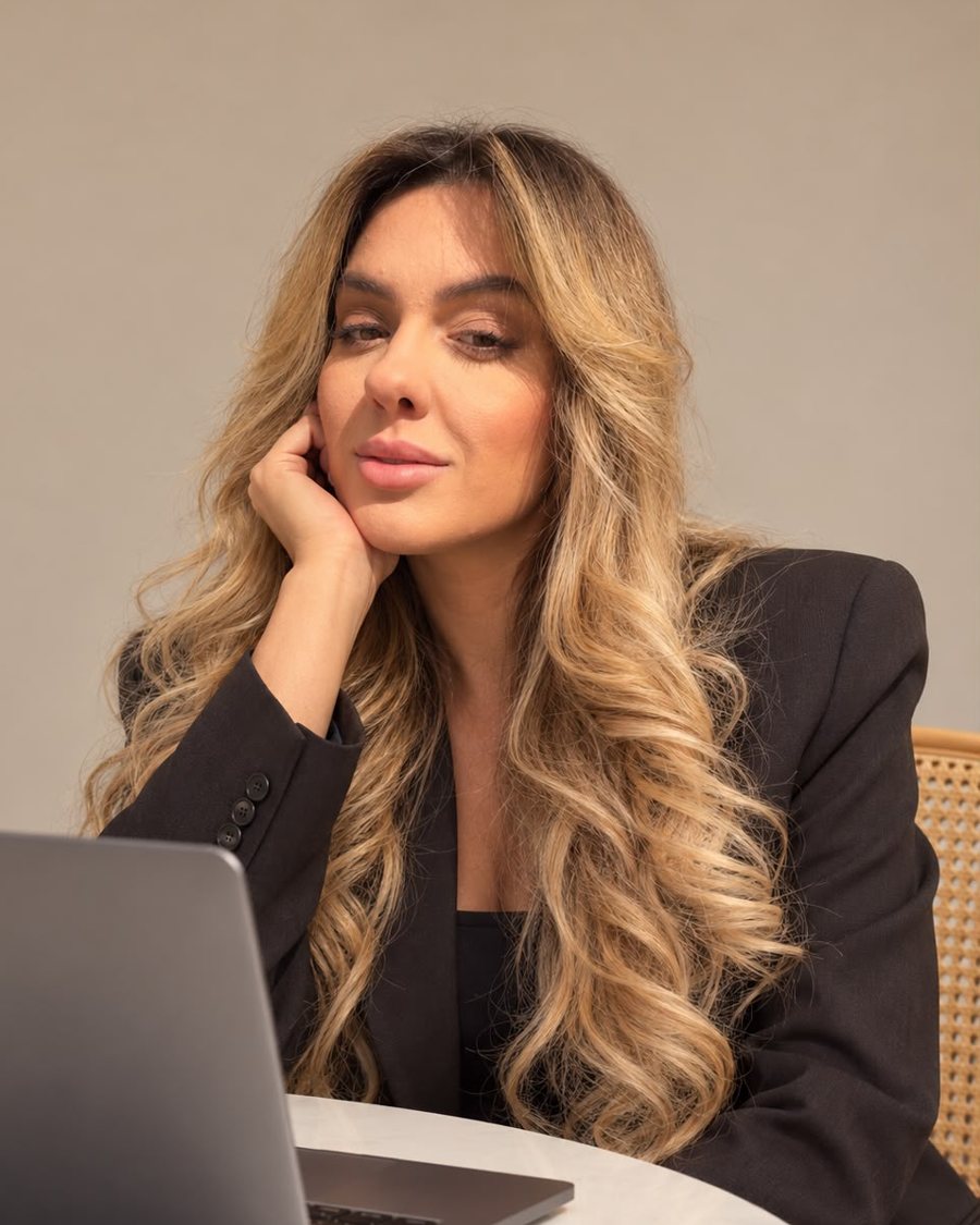 Maurília Gabriela da Silva Dietrich, de blazer escuro, diante do notebook